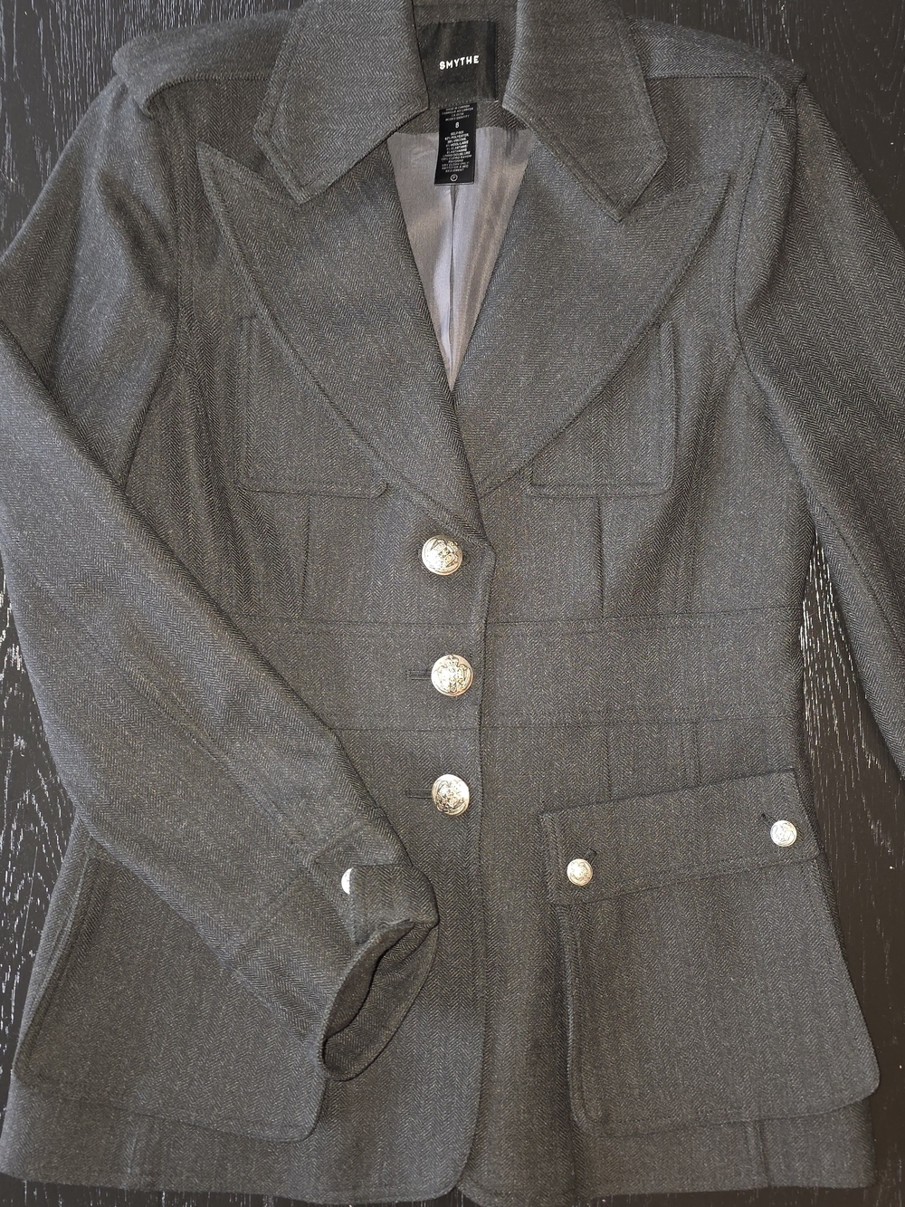 Smythe Herringbone Charcoal Tailored Military Blazer with Decorative Buttons